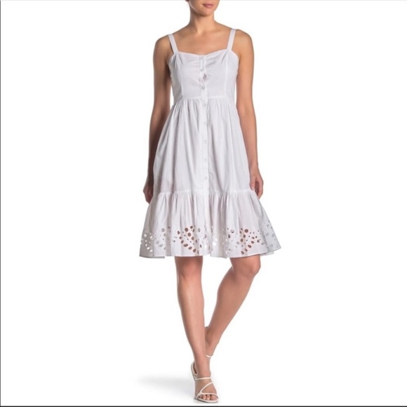 French Connection White Ancolie Border Button Front Sleeveless Eyelet Mini Dress - Picture 6 of 12